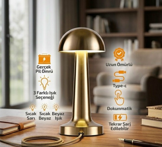 NOAS ATİNA YL86-1231 ( OVAL & METAL ) MANTAR MASA LAMBASI ( DOKUNMATİK & RENKLİ ) ( TYPE-C ŞARJLI ) ( 3 FONKSİYONLU )*20