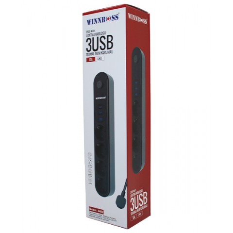 WINNBOSS-3402 TERMAL AKIM KORUMALI ( 4LÜ PRİZ ) ( 3X USB ) ( 2MT ) ( ANAHTARLI ) UZATMA KABLO SİYAH ( 10A & 2500W )*40