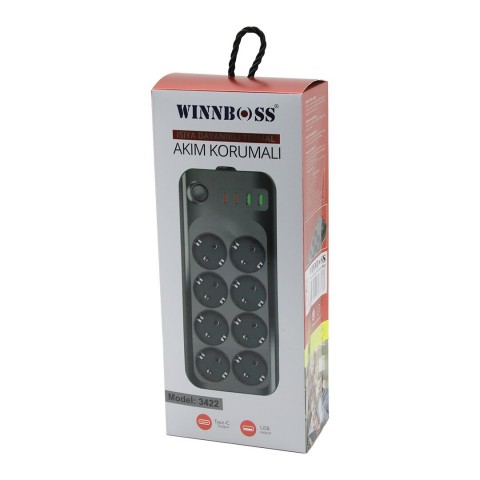 WINNBOSS-3422 TERMAL AKIM & KISA DEVRE KORUMALI (8Lİ PRİZ) (2+2 USB-TYPE-C) (2MT) (ANAHTARLI) UZATMA KABLO (16A & 4000W)*30
