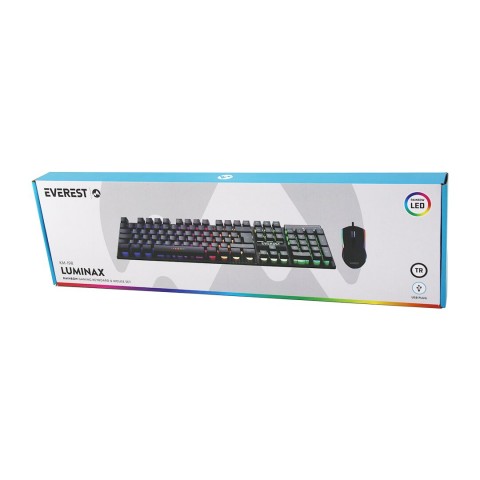 EVEREST LUNIMAX KM-198 ( SİYAH GÖKKUŞAĞI IŞIKLI ) ( USB KABLOLU ) OYUNCU KLAVYE & MOUSE SET*20