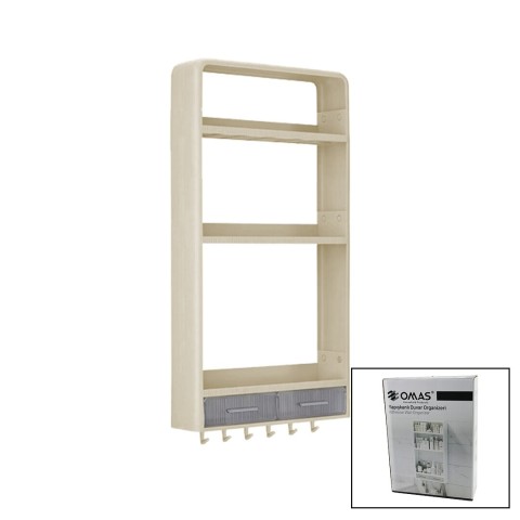 OMAŞ OM-0831 ( BEJ ) YAPIŞKANLI DUVAR ORGANİZERİ PLASTİK ( 3 RAF=14CM-19CM-30CM & 2 ÇEKMECE=40CM & 6 ASKI ) ( 19 PCARÇA )*6