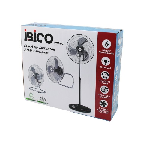 İBİCO VNT-001 (3İN1=DUVARA MONTE& MASA ÜSTÜ& AYAKLI) (45CM) (SANAYİ) TİPİ VANTİLATÖR (3 KADEME HIZ & 3 METAL KANAT) (75W) FAN*1
