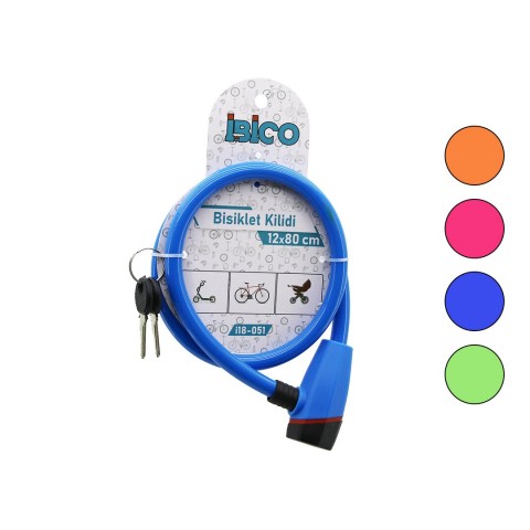 İBİCO İ18-051 ( ANAHTARLI ) ( PLASTİK KAFA ) BİSİKLET KİLİT ( ÇELİK TEL ) ( RENKLİ KILIF ) ( 12MMX80CM )*120