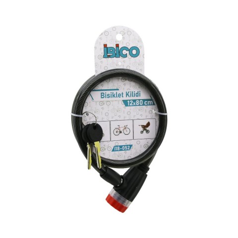 İBİCO İ18-052 ( ANAHTARLI ) ( ÇEVİRMELİ KİLİT KAPAKLI ) ( PLASTİK KAFA ) BİSİKLET KİLİT ( ÇELİK TEL ) ( SİYAH ŞEFFAF KILIF ) ( 12MMX80CM )*120