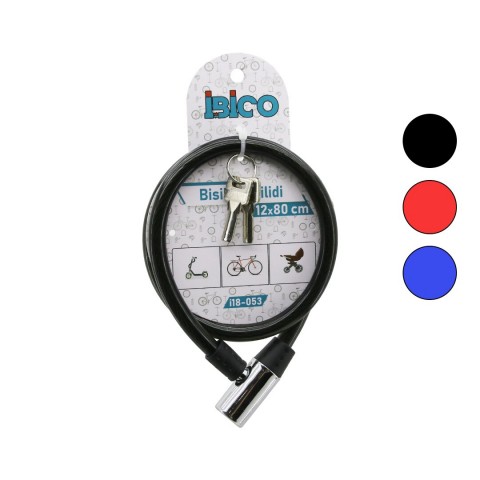 İBİCO İ18-053 ( ANAHTARLI ) ( METAL KAFA ) BİSİKLET KİLİT ( ÇELİK TEL ) ( SİYAH ŞEFFAF KILIF ) ( 12MMX80CM )*120