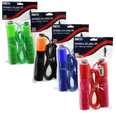 İBİCO İ19-016 ( SAYAÇLI ) ( RENKLİ SİLİKON İP ) ATLAMA İPİ ( SÜNGERLİ RENKLİ PLASTİK TUTACAK )*12X15