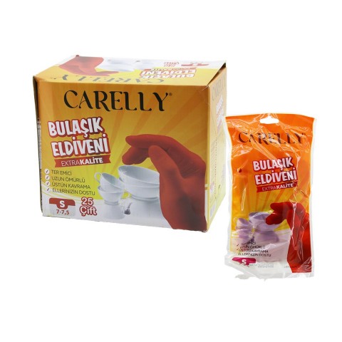 CARELLY CR-400 ( S ) ( 7-7.5 ) PLASTİK BULAŞIK ELDİVENİ ( PARFÜMLÜ ) ( TER EMİCİ & YOĞUN PAMUK ASTARLI )*25X8