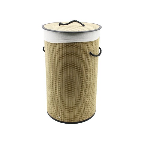 İBİCO İ21-078 (YUVARLAK) (SİYAH KENAR & DESEN) (37X60CM ) (HASIR & AHŞAP) KİRLİ ÇAMAŞIR SEPETİ (SEYYAR KAPAKLI) ( KUMAŞ ÇANTALI ) (İP KULPLU)*12