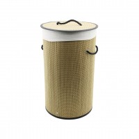 İBİCO İ21-078 (YUVARLAK) (SİYAH KENAR & DESEN) (37X60CM ) (HASIR & AHŞAP) KİRLİ ÇAMAŞIR SEPETİ (SEYYAR KAPAKLI) ( KUMAŞ ÇANTALI ) (İP KULPLU)*12