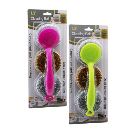 İBİCO İ21-106 LY CLEANİNG BALL ( 3PCS ) BULAŞIK TEMİZLİK TOP TEL SETİ ( LAVABO ) ( RENKLİ PLASTİK SAPLI & YEDEKLİ )*10X10