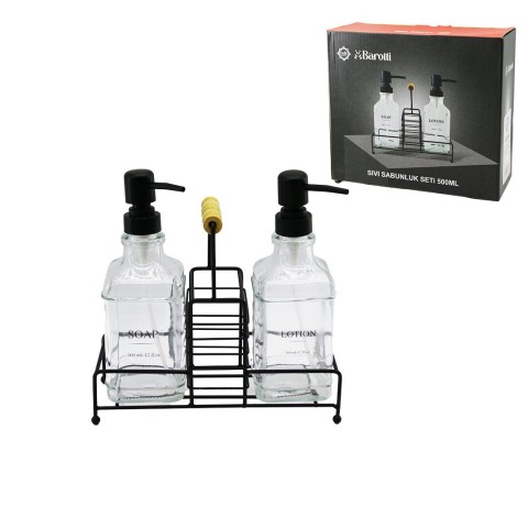 BAROTTİ DMR-9777 ( SİYAH ) ( 3PCS ) = ( 1-METAL STANDLI ) ( 2PCS CAM = 500ML ) SIVI SABUNLUK SETİ ( SÜNGERLİKLİ )*12=K