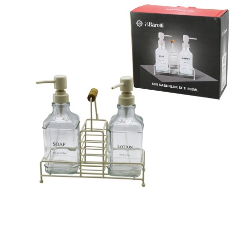 BAROTTİ DMR-9778 ( BEYAZ ) ( 3PCS ) = ( 1-METAL STANDLI ) ( 2PCS CAM = 500ML ) SIVI SABUNLUK SETİ ( SÜNGERLİKLİ )*12=K