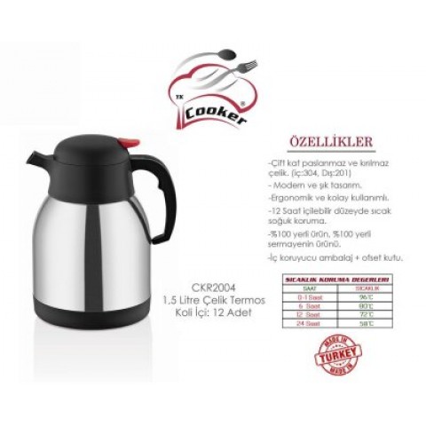 COOKER CKR-2004 ( 1.5LT ) (304 ÇELİK) TERMOS (INOX SERİSİ) (12 SAAT SICAK & 24 SAAT SOĞUK) (ÇİFT CONTALI KAPAK)*12