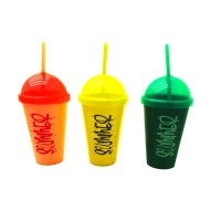 QLUX L-00850 SUMMER ( PİPETLİ ) ( RENKLİ PLASTİK ) BARDAK ( ŞEFFAF RENKLİ KAPAK ) ( 450ML )*12=K