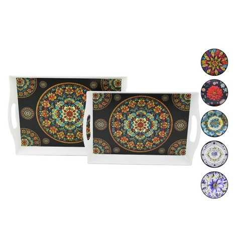 MENNUR HOME MNR-139 ( 2Lİ SET & DİKDÖRTGEN ) LOTUS TEPSİ (KULPLU RENKLİ DESENLİ) (22.2X30.4CM & 25.5X33.8CM)*12=K