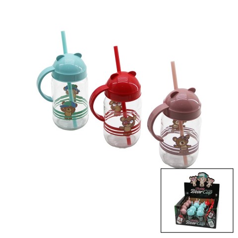 QLUX C-00374 TEDY BEAR ( KULPLU ) ( PİPETLİ ) ( CAM ) BARDAK ( AYICIK RESİMLİ & FİGÜRLÜ ) (RENKLİ PLASTİK KAPAK) ( 370CC )*32=K