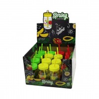 QLUX C-00162 SPRİNG ( PİPETLİ ) ( CAM = MEYVE DESENLİ ) KAVANOZ BARDAK ( 380CC ) ( RENKLİ PLASTİK KAPAK & PİPET )*16X2