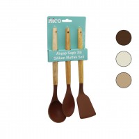 İBİCO İ22-009 ( 3PCS ) ( RENKLİ SİLİKON ) ( AHŞAP & BAMBU SAPLI ) MUTFAK SETİ ( KEPÇE & KAŞIK & SPATULA ) ( 30CM )*12X6