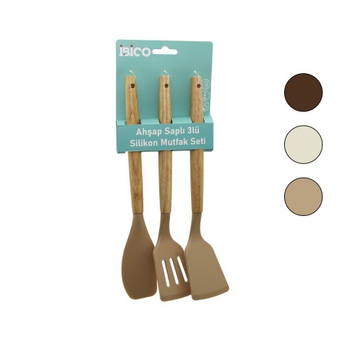 İBİCO İ22-010 ( 3PCS ) ( RENKLİ SİLİKON ) ( SPATULA ) MUTFAK SETİ ( AHŞAP & BAMBU SAPLI ) ( KLASİK & YAN & DELİKLİ SPATULA) (30CM)*12X6