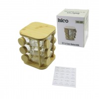İBİCO İ22-129 ( 12PCS ) ( KARE & DÖNER STANDLI ) ( CAM ) ( BAMBU KAPAK ) TUZLUK & BAHARATLIK SETİ ( BAMBU STAND=17X17CM & Y: 21CM )*12