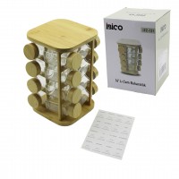 İBİCO İ22-131 ( 16PCS ) ( KARE & DÖNER STANDLI ) ( CAM ) ( BAMBU KAPAK ) TUZLUK & BAHARATLIK SETİ ( BAMBU STAND= 17X17CM & Y: 26.5CM )*8