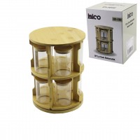 İBİCO İ22-130 ( 10PCS ) ( 2 KATLI ) ( YUVARLAK & DÖNER STANDLI ) ( CAM ) (BAMBU KAPAK) TUZLUK & BAHARATLIK SETİ (BAMBU STAND=ÇAP: 21CM & Y: 28CM )*6