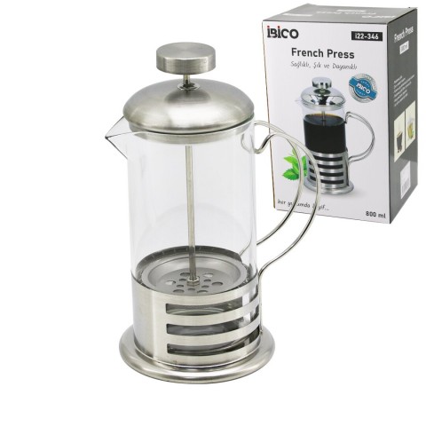 İBİCO İ22-346 FRENCH PRESS ( METAL KAFES & METAL KAPAK ) ( 800ML ) ( CAM ) BİTKİ SÜZGEÇİ*24