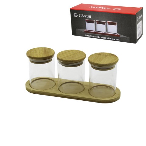 BAROTTİ DMR-9802 ( 3PCS ) ( YUVARLAK ) BORASİLİKAT BAHARATLIK ( BAMBU KAPAKLI & STANDLI )*24=K
