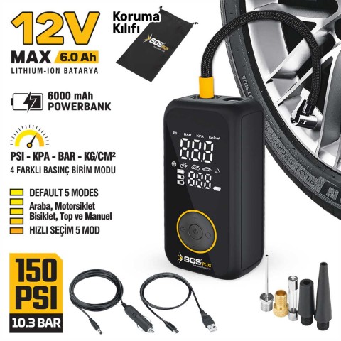 SGS ŞARJLI HAVA KOMPRESÖRÜ DİJİTAL 12V 6.0 Ah (150 PSI) SGS5398