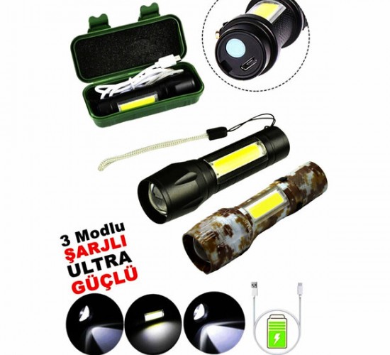 İBİCO ( IBC-11 ) C-L-183 USB CHARGE 2İN1 (3W+1W ) USB ŞARJLI LEDLİ POLİS EL FENERİ METAL KASA PLS.KUTU