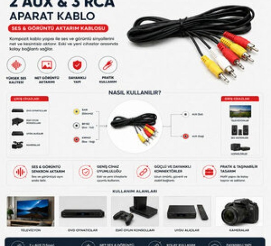 KRT-1134 ( 2 AUX & 3 RCA ) APARAT KABLO*15X1