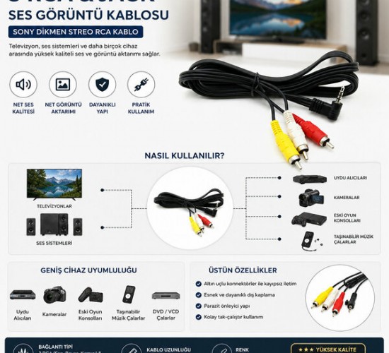 KRT-1135 ( 3 RCA & JACK ) SONY DİKMEN STREO RCA KABLO*15X1
