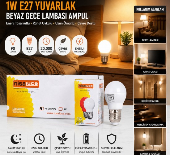 NİSALUCE ( 1W ) ( E27 ) ( BEYAZ ) YUVARLAK GECE LAMBASI LED AMPUL*10X10