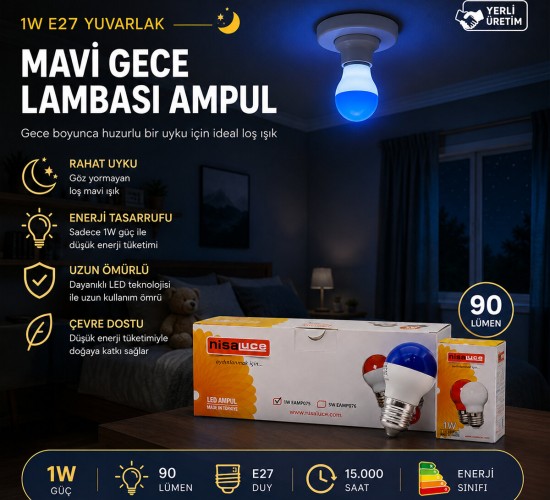 NİSALUCE EAMP-075 ( 1W ) ( E27 ) ( MAVİ ) YUVARLAK GECE LAMBASI LED AMPUL*10X10