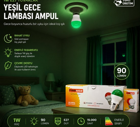 NİSALUCE EAMP-075 ( 1W ) ( E27 ) ( YEŞiL ) YUVARLAK GECE LAMBASI LED AMPUL*10X10