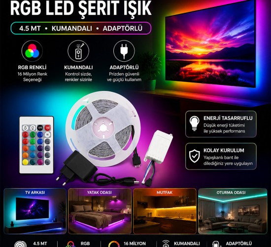 WINNBOSS LED STRIP WN-1161 ( 4.5MT ) ( KUMANDALI & ADAPTÖRLÜ ) ( RGB RENKLİ ) ŞERİT LED ( SMD=2835 ) ( 54LEDs/m )*100