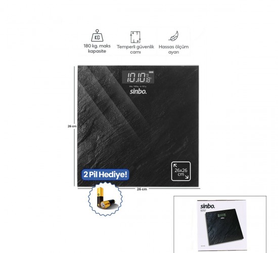 SİNBO SBS-4450 ( DİJİTAL & PİLLİ ) ( SİYAH CAM ) BANYO BASKÜL TERAZİ TARTI ( LCD EKRAN & SICAKLIK GÖSTERGE )( 180KG/50GR )( 26X26CM )*10