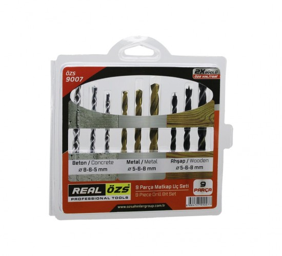 REAL ÖZS-9007 ( 9PCS ) MATKAP UCU SETİ ( BETON &  METAL & AHŞAP & 5-6-8MM )*100
