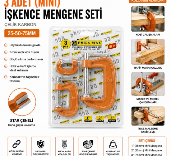 EMKA-5492 ( 3PCS ) ( MİNİ ) İŞKENCE MENGENE SETİ ( ÇELİK KARBON ) ( 25-50-75MM )*72