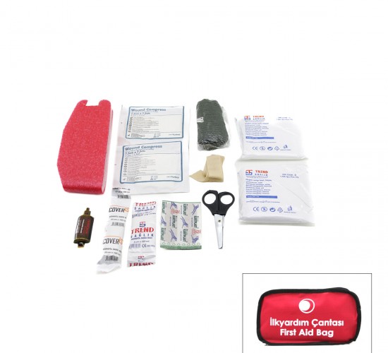 KRT-1089 (POLYESTER ÇANTALI) İLK YARDIM SETİ (17PCS=2-GAZLI-2-ÜÇGEN-3-HİDROFİL-1-ELASTİK BEZ& 5-YARA BANDI& BATİCONOL& MAKAS& BOYUN KORSE& ÇANTA)*75