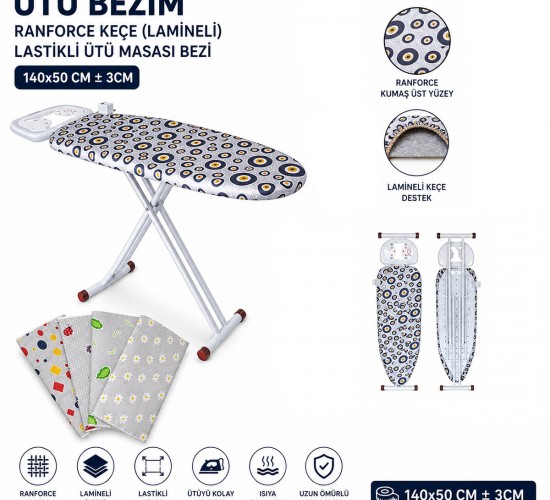 ÜTÜ BEZİM RANFORCE KEÇE ( LAMİNELİ ) ( LASTİKLİ ) ( ÜTÜ MASASI BEZİ ) ( 140X50CM ± 3CM)*30