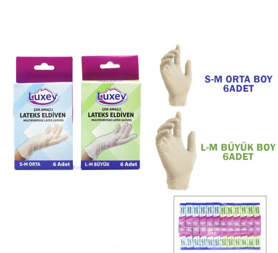LUXEV ( 6PCS ) ( S-M & M-L BEDEN ) LATEX MUAYENE ELDİVENİ ( LATEKS )*24X6