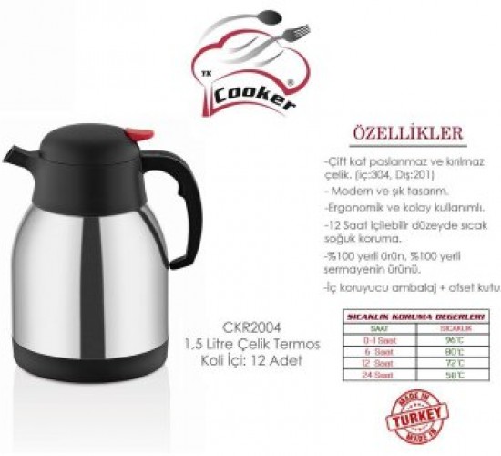 COOKER CKR-2004 ( 1.5LT ) (304 ÇELİK) TERMOS (INOX SERİSİ) (12 SAAT SICAK & 24 SAAT SOĞUK) (ÇİFT CONTALI KAPAK)*12