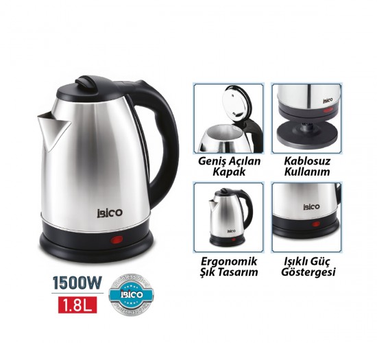 İBİCO MTF-001 ( ÇELİK ) KETTLE ELEKTRİKLİ SU ISITICISI ( PASLANMAZ ÇELİK GİZLİ REZİSTANS ) ( 360° ) ( 1.8LT ) ( 1500W )*6