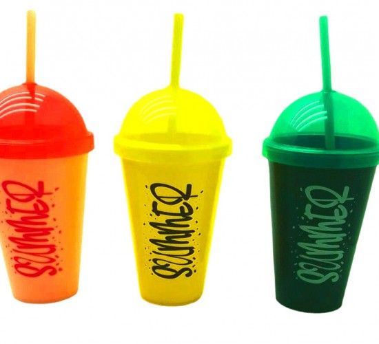 QLUX L-00850 SUMMER ( PİPETLİ ) ( RENKLİ PLASTİK ) BARDAK ( ŞEFFAF RENKLİ KAPAK ) ( 450ML )*12=K