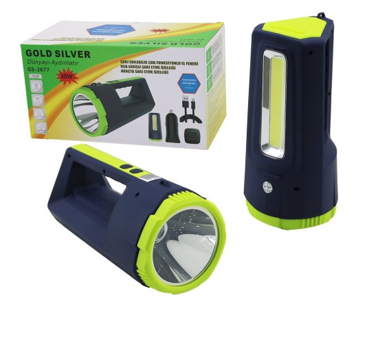 GOLD SİLVER GS-2677  2İN1 ( 30W & 10W COB LED ) USB & OTO ŞARJLI EL FENERİ PROJEKTÖR*16