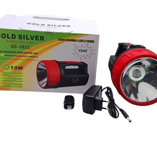GOLD SİLVER GS-2621 15W LED 2İN1 UZUN ARAMALI ADAPTÖR ŞARJLI EL FENERİ PROJEKTÖR*16