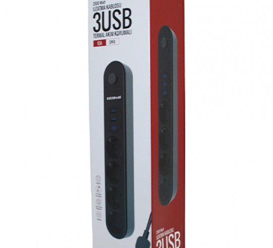 WINNBOSS-3402 TERMAL AKIM KORUMALI ( 4LÜ PRİZ ) ( 3X USB ) ( 2MT ) ( ANAHTARLI ) UZATMA KABLO SİYAH ( 10A & 2500W )*40