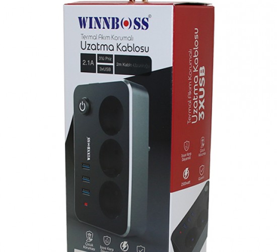 WINNBOSS-3414 TERMAL AKIM KORUMALI ( 3LÜ PRİZ ) ( 3X USB ) ( 2MT ) ( ANAHTARLI ) UZATMA KABLO SİYAH ( 2.1A )*42