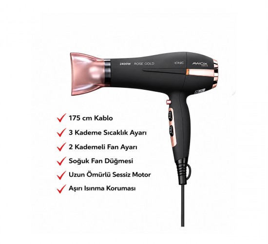 AWOX WATSON ( SİYAH ) SAÇ KURUTMA & FÖN MAKİNESİ ( SOĞUK ÜFLEME ) ( 2 KADEME FAN & 3 KADEME SICAKLIK ) ( 2400W )*12